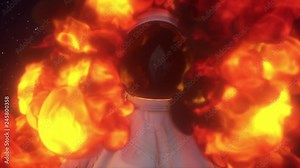 Fantastic fire explosion, enveloping astronaut in space, an accident on a spacecraft, the planet Earth is reflected in the spacesuit's helmet. Cinematic slow-motion video 4k