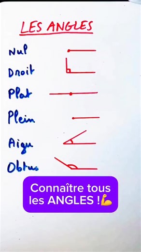BosseTesMaths | Prof de maths on Instagram: "Voici tout le vocabulaire sur les angles : nul, plat, droit, plein, aigu, obtus.👌 Dis-moi en commentaire si tu connaissais tous ces angles et pense à t’abonner pour progresser en maths 🚀 #maths #angles #géométrie #prof"