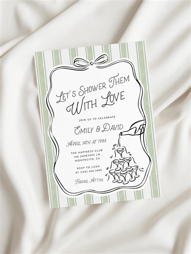 Hand Drawn Couples Shower Invitation (editable Template) - Champagne Tower Let's Shower Them With Love With Green Stripes - Etsy