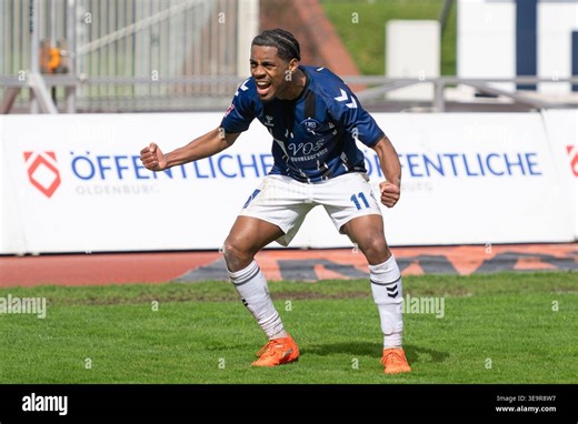 April 19, 2026, Marschwegstadion, Oldenburg, GER, RLN, VfB Oldenburg vs FC St.Pauli II U23, DFL regulations prohibit any use of photographs as image sequences and/or quasi-video, In the picture The jubilation of Aurel LOUBONGO-M`BOUNGOU (VfB Oldenburg #11 Stock Photo - Alamy