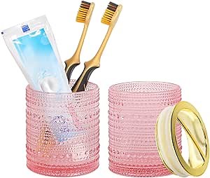 Pink Glass Toothbrush Holder, Bathroom Toothbrush Holder Set, 2pcs 10oz Tumbler Cup, Toothbrush and Toothpaste Holder with Gold Divider, Bathroom Storage Canisters Organizer for Decor
