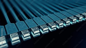 Linear array of usb type A cables on a reflective surface.