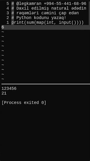 Daxil edilmiş natural ədədin rəqəmləri cəmini çap edən Python kodunu yazaq!