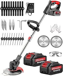 Electric Weed Wacker Cordless, 21V Weed Wacker Eater Cordless Battery Powered with 2Pcs 4.0Ah Batteries, 4 in 1 No String Grass Trimmer/Edger/Brush Cutter for Lawn Yard Garden, orange