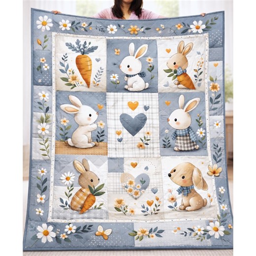Custom Bunny Quilt Blanket Personalized Baby Boy Gift Blue Nursery Bedding Floral Rabbit Throw for Toddler Unique Baby Shower Gift - Etsy