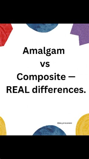 Dr priyanka on Instagram: "Amalgam vs Composite — Quick Difference Amalgam • Metallic, strong • Less esthetic • Cusp fracture risk high • Microleakage ↓ • Cheaper • Moisture tolerant Composite • Tooth-colored • Technique sensitive • Shrinkage → microleakage • Conservative prep • Requires isolation • Better esthetics Save this for exams #dentalstudent #bdsfinalyear #conservative #operative #compositevsamalgam #restorativedentistry #dentalnotes #dentistryreels #neetmds #neetmds2026 #dentalfacts #d
