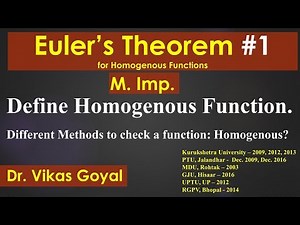 Euler's Theorem #1 for Homogeneous Function in Hindi (M.imp) | Engineering Mathematics