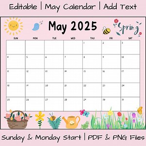 Editable May 2025 Calendar Printable Templates | PDF & PNG File Downloads