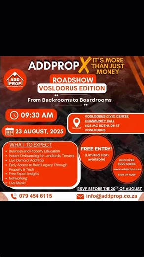 Vosloorus, Are You Ready? What started in Tembisa is spreading like wildfire. From Soweto, to Diepsloot to eMalahleni, now it’s Vosloorus’ turn to experience the movement that’s changing how South Africans see property, tech, and wealth creation. The AddProp Roadshow is not a talkshop — it’s a launchpad. In eMalahleni, over 200 people took the first step. In Vosloorus, we’re expecting even more. 📍 Vosloorus Civic Centre 🗓 Saturday, 23 August 2025 🕤 09:30 AM ✅ Free Entry. Real Value. Learn how