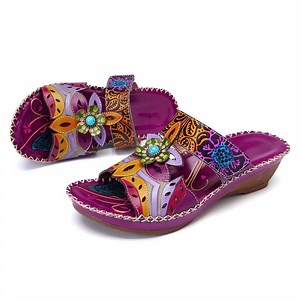 [Hot Item] Vintage Style Handmade Printing Forest Hook Loop Wedge Heel Slippers