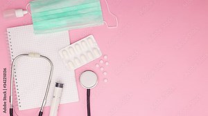 Medical instruments, equipment and pills appear on right side - Stop motion Medical instruments, equipment and pills appear on right side - Stop motion