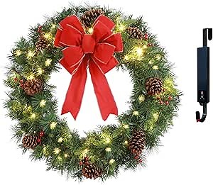 Solar Christmas Wreath 30 Inch Pre-Lit Solar 70 Led Artificial Wreath Outdoor Front Door Window Christmas Decor with Frosted Branches Pine Cones Berry Clusters Red Velvet Bows (3001)