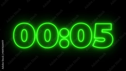 Glowing neon countdown digital clock animation, 10 to 0 second countdown digital clock timer icon. Modern countdown clock on black background.