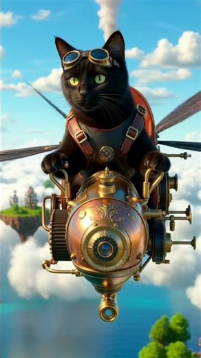 Black cat in steampunk goggles pilots brass flying machine through clouds.#youtubeshort#ai #cat