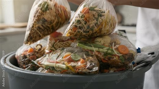 Closeup on a collection of biodegradable waste bags in a compost bin with outoffocus kitchen utensils and surfaces behind.