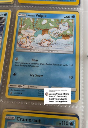 Replying to @bug_the_dragon Tell me your Favorite Pokemon and I’ll share all the cards I have of them: Alolan Vulpix! The 2nd card is a favorite of mine 🥰 #vulpix #alolanvulpix