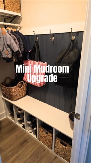 Jessica Hurd on Instagram: "We upgraded our mudroom from the builder wire rack by adding beadboard paneling from home depot and an actual shelf. We used liquid nail and nails to attach the panel and Austin wrote everyone's name in liquid nails on the back of the panel 😊 I'm also obsessed with this Behr midnight blue color! We used the color (and panels) in the bathroom right next to the mudroom and in the living room! Overall, an easy DIY weekend project! #mudroom #beadboard #panelling #