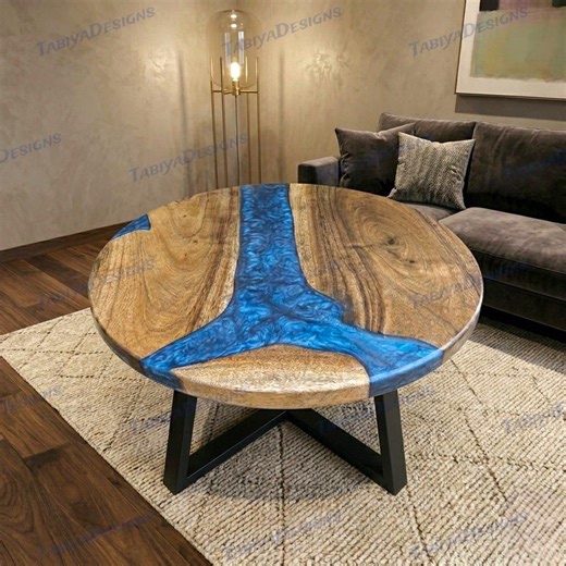 Round Blue Metallic Resin Coffee Table Modern Luxury Center Table Decor