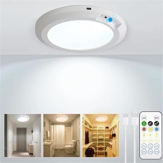 video, Rechargeable Motion Sensor Ceiling Light with Remote - Magnetic Wireless Ceiling Light Bat...