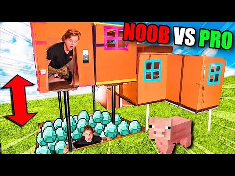 Minecraft IRL Noob Vs PRO Billionaire Box Fort 24 Hour Challenge!