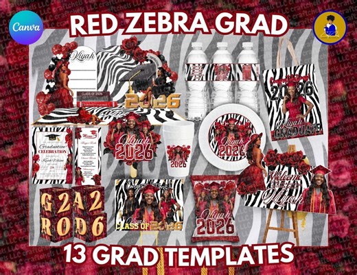 Red Zebra Graduation Party Templates | Zebra Grad Party Decor Bundle | Editable Canva Templates | Grad Party Decor - Etsy