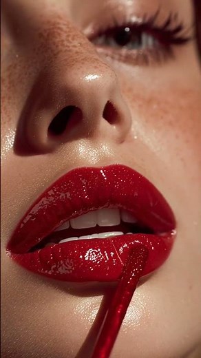 Cinematic 8K ultra-zoom shot: Young female model applying high-shine red lip gloss. Focus on vibr...
