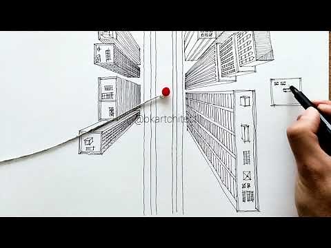 TUTORIAL: how to draw a bird's eye view of a city with a string. 1-point perspective.