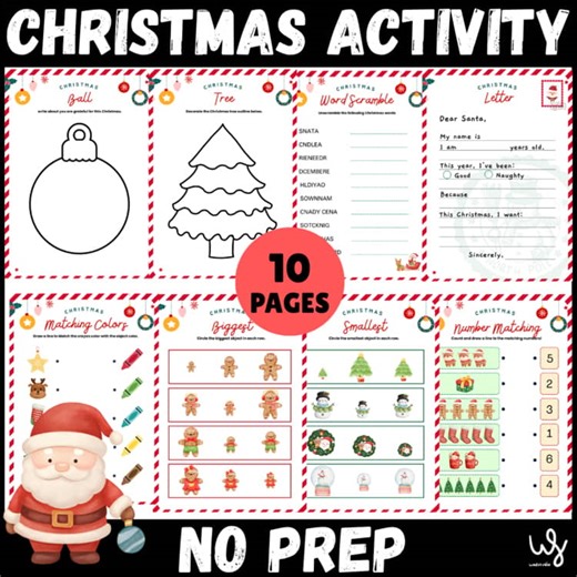 Christmas Activity Worksheets | 10 Pages NO PREP! | PreK-K Math & Literacy V2