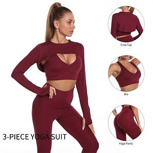 [Hot Item] 3 Piece Yoga Set Long Sleeve Crop Top High Waist Scrunch Leggings Seamless Sports Gym Wear