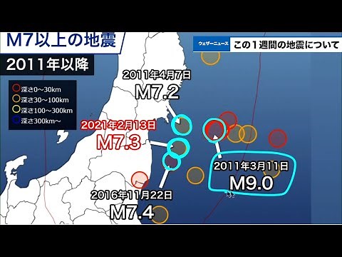 週刊地震情報 2021.2.14／13日(土)夜に福島県沖でM7.3 最大震度6強を観測