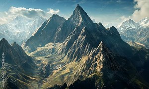 Majestic mountain landscape with rugged peaks and lush valleys under a dramatic sky.