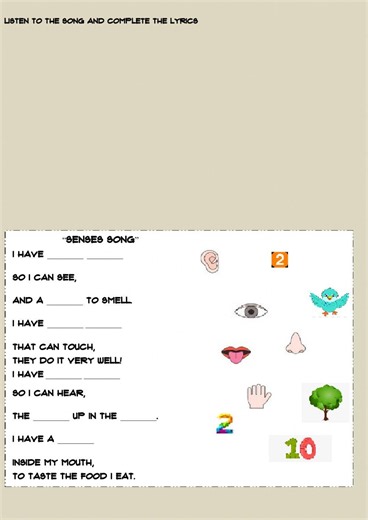Five Senses Song worksheet