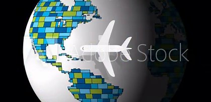 Animated globe showcases airplane flight paths connecting various regions. The vibrant map highlights global travel opportunities and destinations.