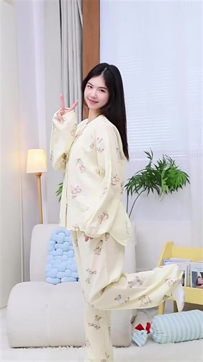 红豆（Hodo）女士双层纱纯棉睡衣套装春夏新款小熊印花可爱呼吸棉透气家居服 奶酪黄 2XL (175)