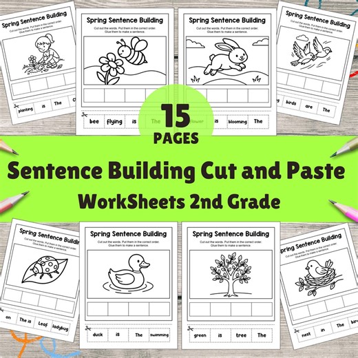 Spring Sentence Building Worksheets | 1st, 2nd Grade Literacy Center | Cut and Paste Printables | Homeschool Activities | 2nd Grade Writing - Etsy
