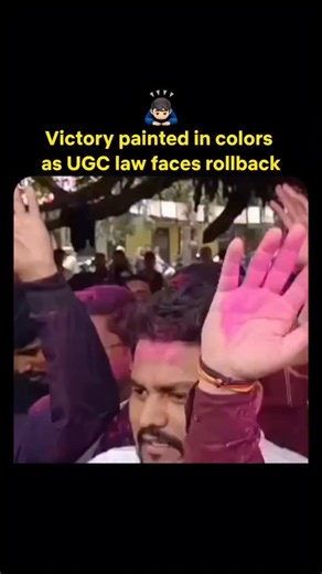 Indiansvoice_ on Instagram: "Victory Celebration: Rolling Back the UGC Law The video shows a vibrant and energetic celebration following the rollback of a UGC (University Grants Commission) law. People are seen covered in pink Holi colors (Gulal), cheering, and dancing to express their joy. Key Highlights • Atmosphere: A festive and triumphant mood with loud cheers and music. • Symbolism: The use of pink color signifies victory and celebration, common in many Indian protest successes. • Visuals: