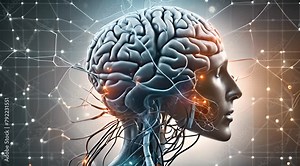 Complexity of abstract human anatomy with detailed 3D mockup highlighting the brain and cells