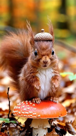 Cute Baby Red Squirrel in Acorn Hat – Chibi Autumn Forest Illustration