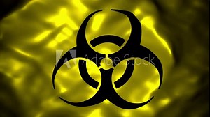 Realistic dark looping 3D animation of the Biohazard symbol on a yellow waving fabric rendered in UHD