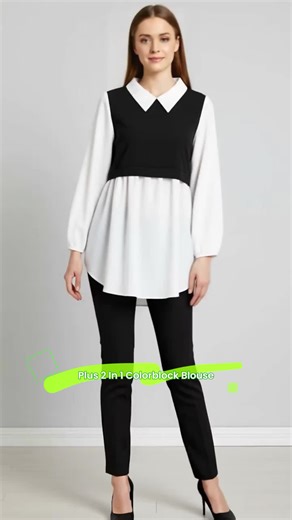 Plus 2 In 1 Colorblock Button Front Blouse, Casual Bishop Sleeve Collared Top for Spring & Fall, Women's Clothes for Daily Wear ootd #womenssweatshirtset #plussizesweaters #womensclothingtiktokshop #womensshirt #wardrobebasics #plussizeoveralls #plussizestyleinspo #blousesfashion #plussizebirthdayoutfitideas #เสื้อผ้าผู้หญิง #OOTD