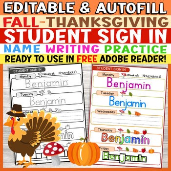 Fall Thanksgiving Student Sign In Sheet Editable, Name Tracing Writing Practice