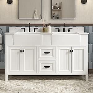 60 Inch Bathroom Vanity with Double Sink, Farmhouse Bathroom Vanity Cabinet with Soft Closing Doors & Dovetail Drawers, Vanity for Bathroom, Adjustable Feets, Apron Farm Sink, White