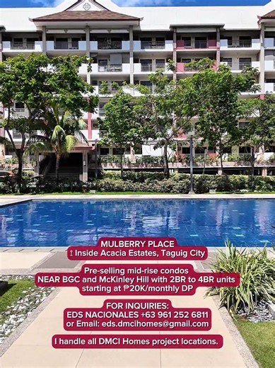 Own a pre-selling mid-rise condo at Mulberry Place, Acacia Estates, Taguig City, just minutes away from BGC, McKinley Hill, SM Aura, and NAIA Terminal 3. Choose from spacious 2BR, 3BR, and 4BR units with turnover dates from 2026 to 2028, perfect for families and investors. Message me today to schedule a site viewing and available units across all DMCI Homes projects. 63 961 252 6811 or email: eds.dmcihomes@gmail.com #MulberryPlacePhase2 #AcaciaEstatesTaguig #CondoNearBGC