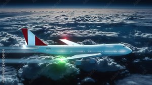 Commercial Airliner Passanger Plane Jumbo Jet Flying at Night over Clouds with Country Flag Peru