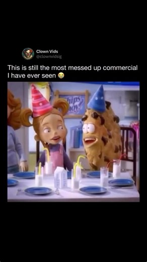 @clownvids on Instagram: "This video is an upload of an old and memorable animated commercial for Chips Ahoy! cookies. The clip depicts a child’s birthday party where the cookies themselves are anthropomorphic characters. The tone is set by the user’s overlay text, which labels it “the most messed up commercial I have ever seen.” The pivotal moment occurs when the partygoers realize a standard birthday cake is missing. This sets up the central conflict of the advertisement, which is the substitu