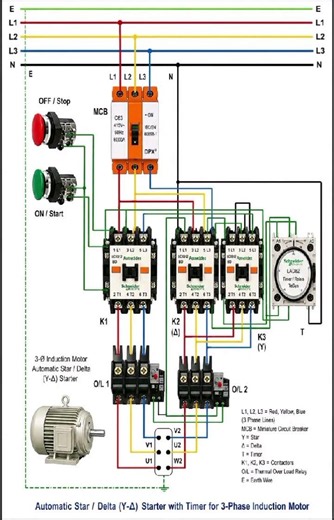 Automatic Star Delta (Y-Δ) Starter Wiring Diagram with Timer for 3-Phase Induction Motor ⚡🔧