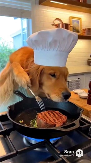 #animals #cooking Dog cooking a steak