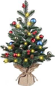 23 Inch Pre-lit Artificial Mini Christmas Tree, Vlorart Christmas Tree Tabletop Small Christmas Tree with Lights Includes Colored Balls, Berries, Pine Cones, and Cloth Bag Base