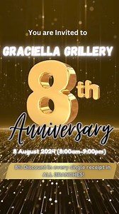 Graciella Grillery 8th Anniversary is about to Happen🤩 Mark your Calendar! 📌August 8, 2024 (Thursday) You will about to experience 8% discount in every single receipt in ALL BRANCHES! We are open from 8:00am - 9:00pm See You there sweethearts! 😘 "Sa Graciella ikaw gid ang Palangga!" 🖤💛♥️ #GG8thanniversary #TatakGraciella #GraciellaGrillery #GGMxGGKxLG | Graciella Grillery