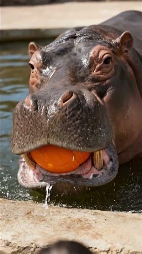 Hippo eats pumpkin!